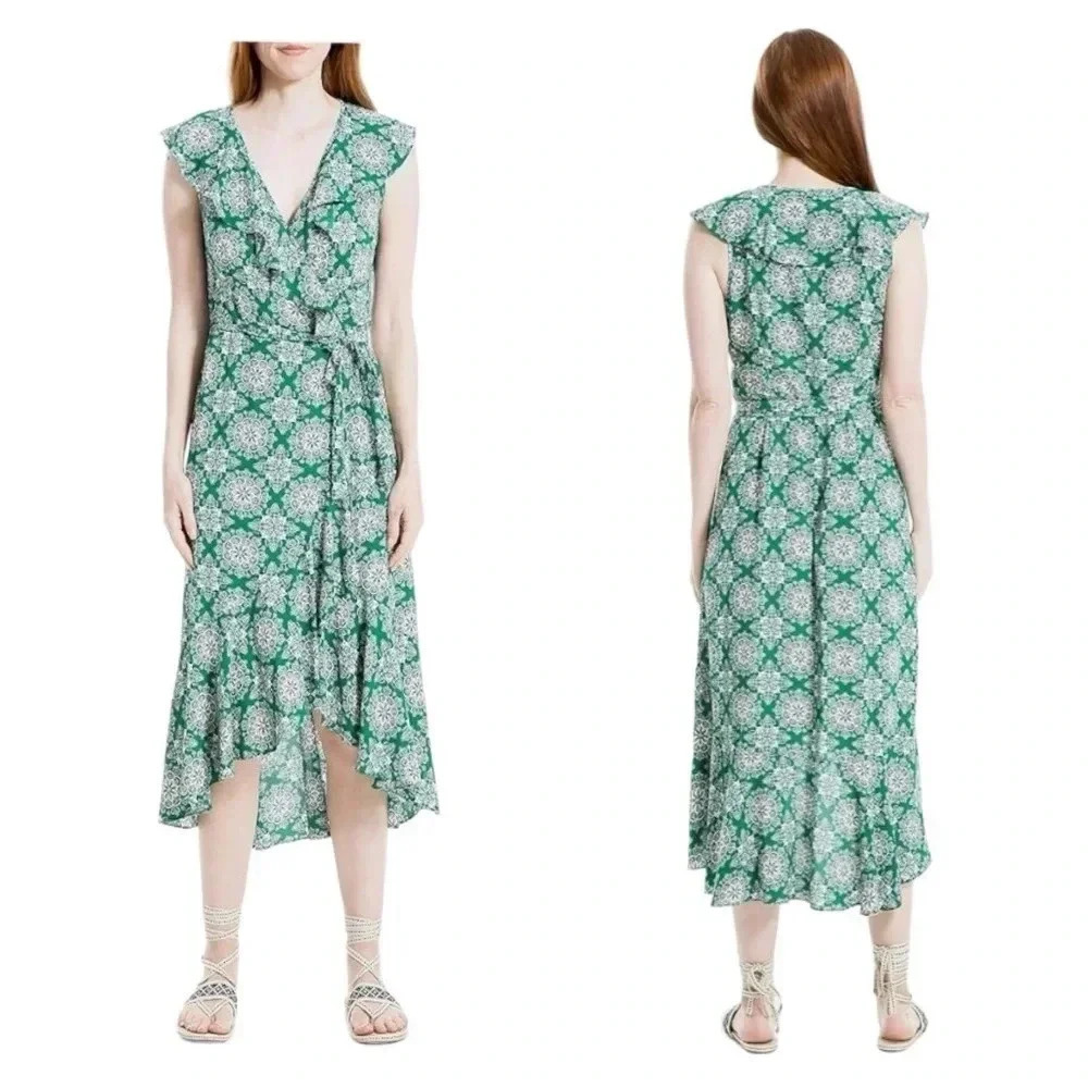 MAX STUDIO | Women’s Green Floral Ruffle Midi High-Low Wrap Dress Size M